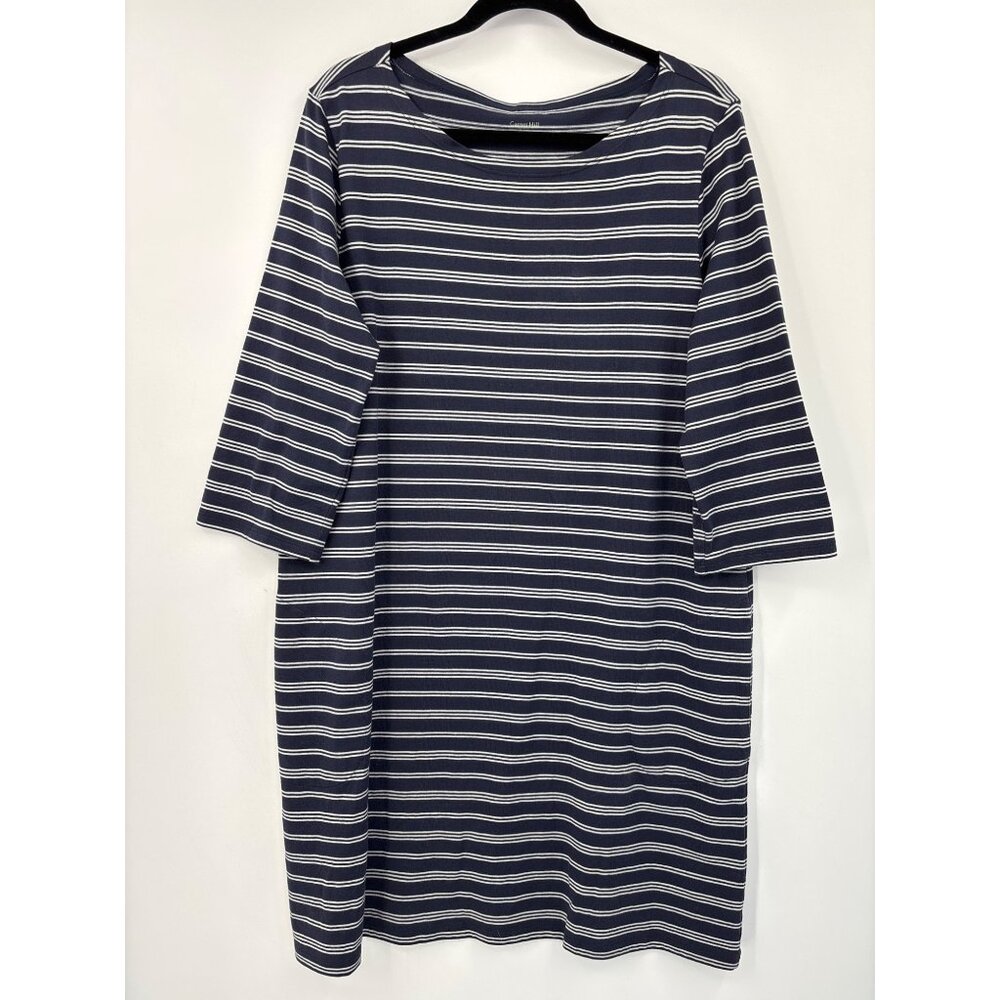 Garnet Hill Striped Casual Shirt Bateau Neck Dress Organic Cotton Navy Blue 16